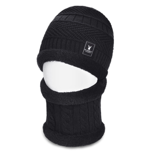 花花公子针织帽子男冬季加绒加厚保暖毛线帽防风防寒护耳围脖套装