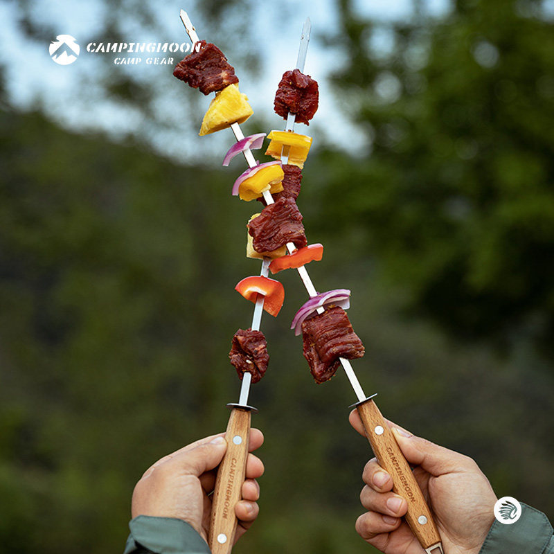 柯曼不锈钢扁烧烤叉签子榉木扁烤叉双股烤叉带拨片牛羊肉签子套装