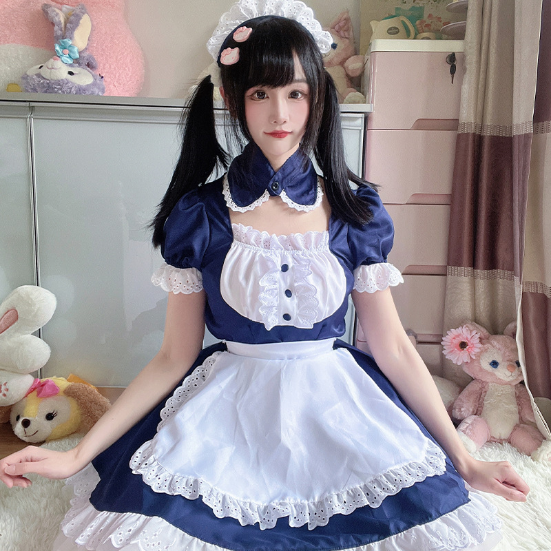 原创日系深蓝色经典女仆装cosplay咖啡厅侍女佣制服lolita连衣裙
