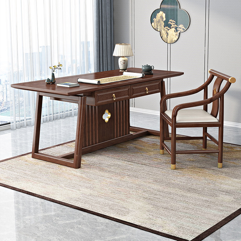 新中式实木书桌书法桌胡桃木办公桌轻奢现代书画桌书房桌子学习桌
