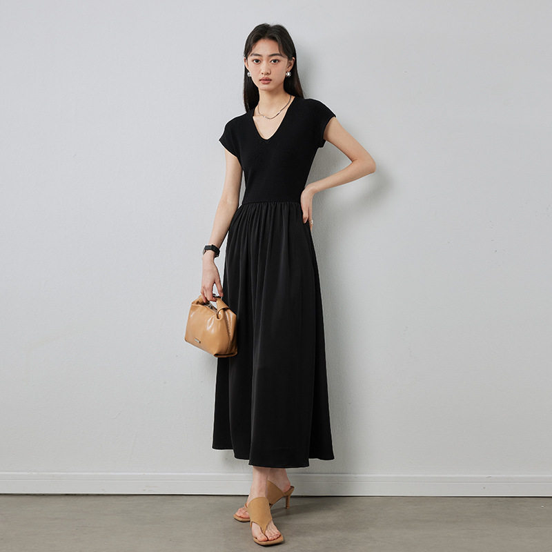 桐乡法丽服饰【小黑裙】中国风含桑蚕丝针织短袖连衣裙女夏内搭凉