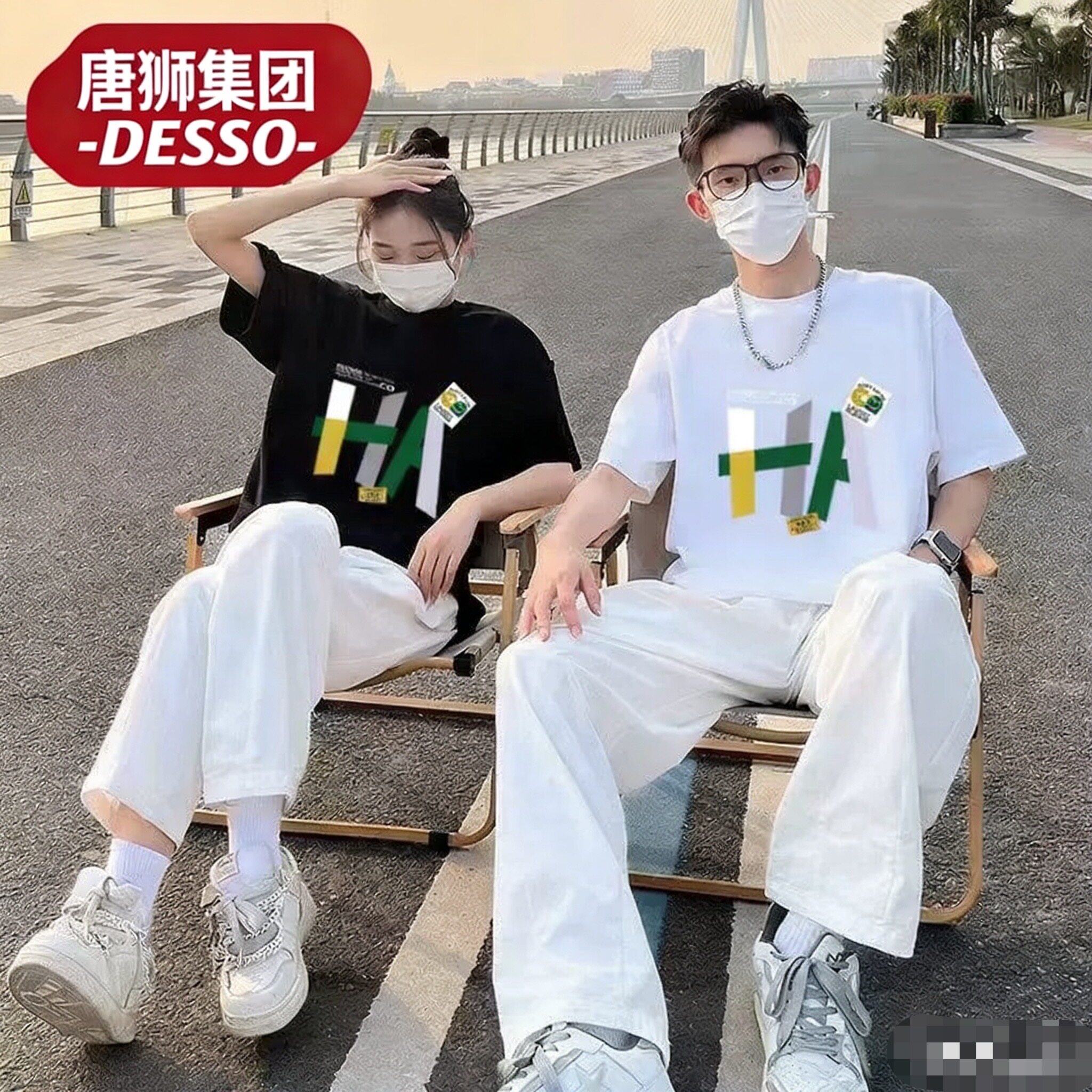 Desso棉情侣印花短袖T恤男女同款白色宽松设计感上衣