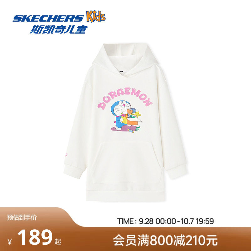 Skechers斯凯奇哆啦A梦联名系列女童长款连帽卫衣儿童印花上衣
