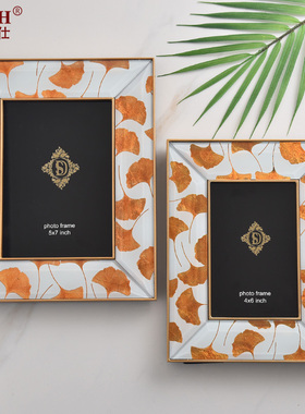 轻奢简约金边相框6寸7寸金色银杏叶家居装饰品样板间画框摆件