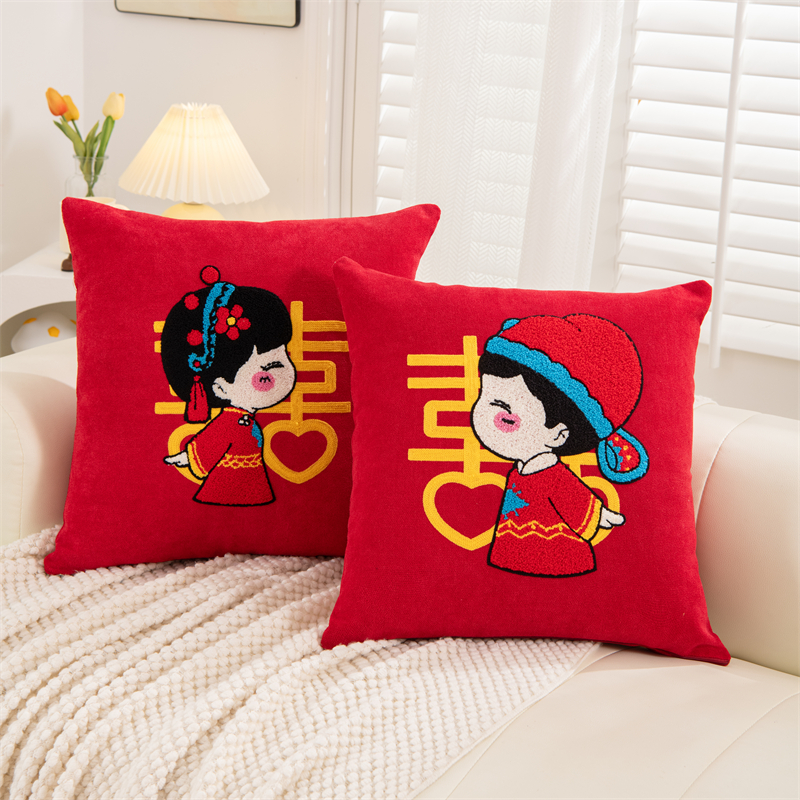 婚庆喜字抱枕红色雪尼尔结婚客厅沙发靠垫传统老式婚房床头靠枕芯