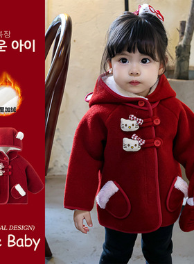 女童加绒外套秋冬款1-2-3岁女宝宝加厚连帽上衣女孩新年红色衣服