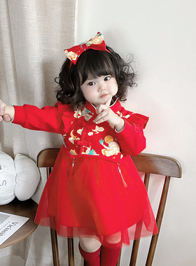 1岁女宝宝周岁小礼服红色女童中国风连衣裙拜婴幼儿生日百天衣服