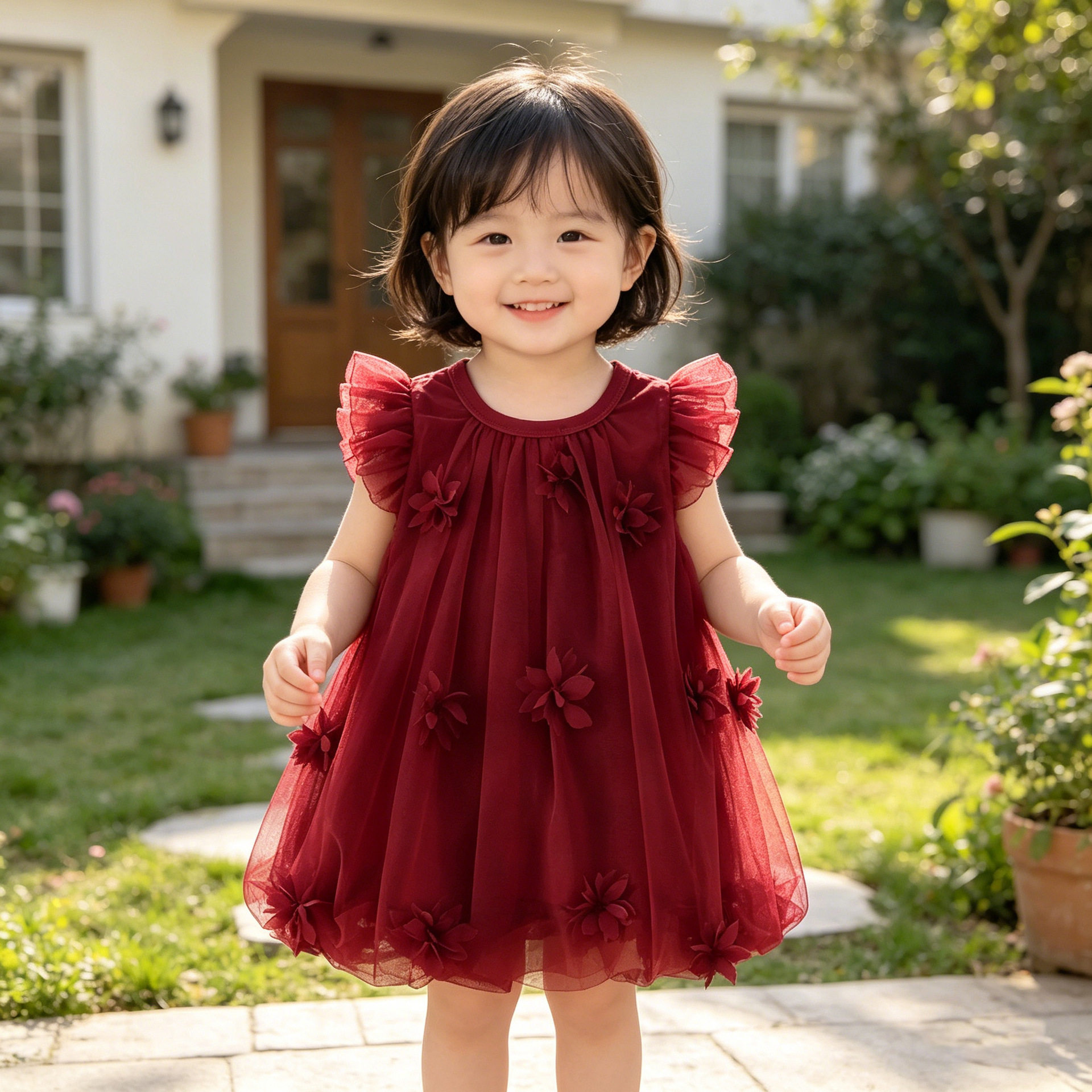 夏季女童生日连衣裙A类女宝宝红色周岁礼服1岁女孩网纱飞袖公主裙