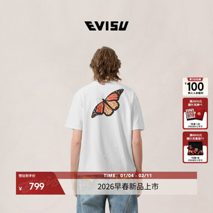 EVISU福神 2026春新款男士复古蝴蝶印花短袖T恤2ESEJM6TS6023RXCT