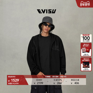 EVISU福神 2025秋季男士商标贴布刺绣连帽拉链卫衣夹克外套