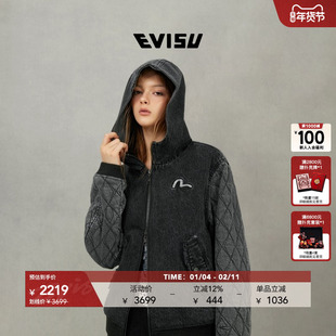 EVISU福神 2025秋季女士海鸥刺绣休闲连帽加厚牛仔夹克外套