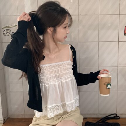 韩国ins法式甜美温柔风松紧褶皱设计蕾丝花边拼接短款背心吊带