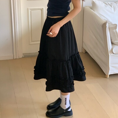 韩国chic复古气质甜美减龄百搭木耳边松紧腰小个子半身裙女