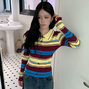 韩国东大门复古polo翻领弹力撞色条纹显瘦长袖针织衫上衣女