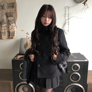 黑色高级感呢子大衣女秋冬新款毛呢外套小个子赫本风气质短款