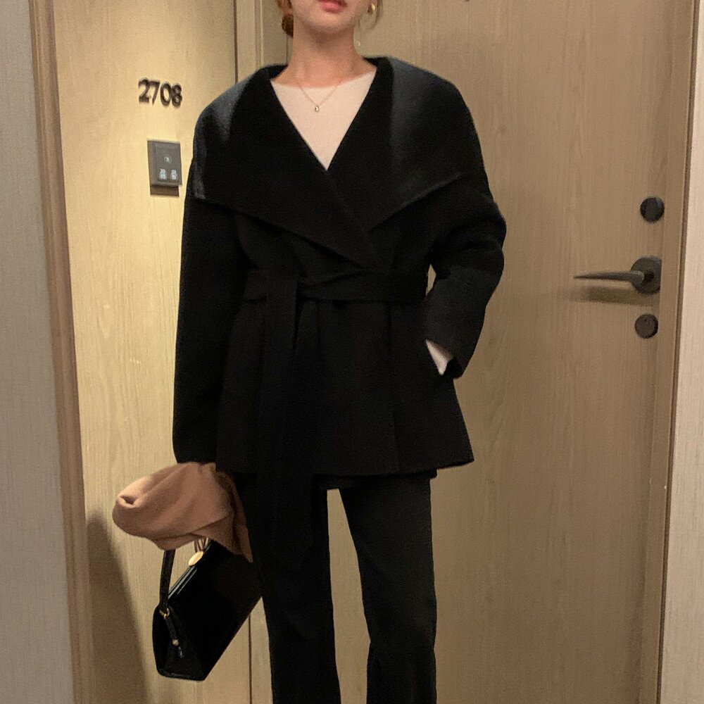 韩国chic法式复古气质大翻领口袋系带小个子毛呢外套大衣女