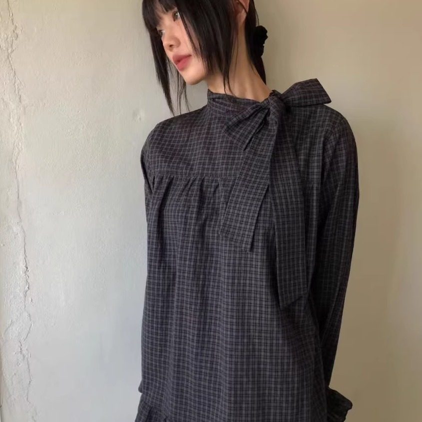 韩国复古格子领口飘带蝴蝶结系带荷叶边泡泡袖衬衫日系上衣