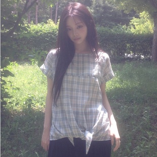 套头衬衫 韩国ins风甜美少女复古格纹绑带打结宽松短袖 上衣女