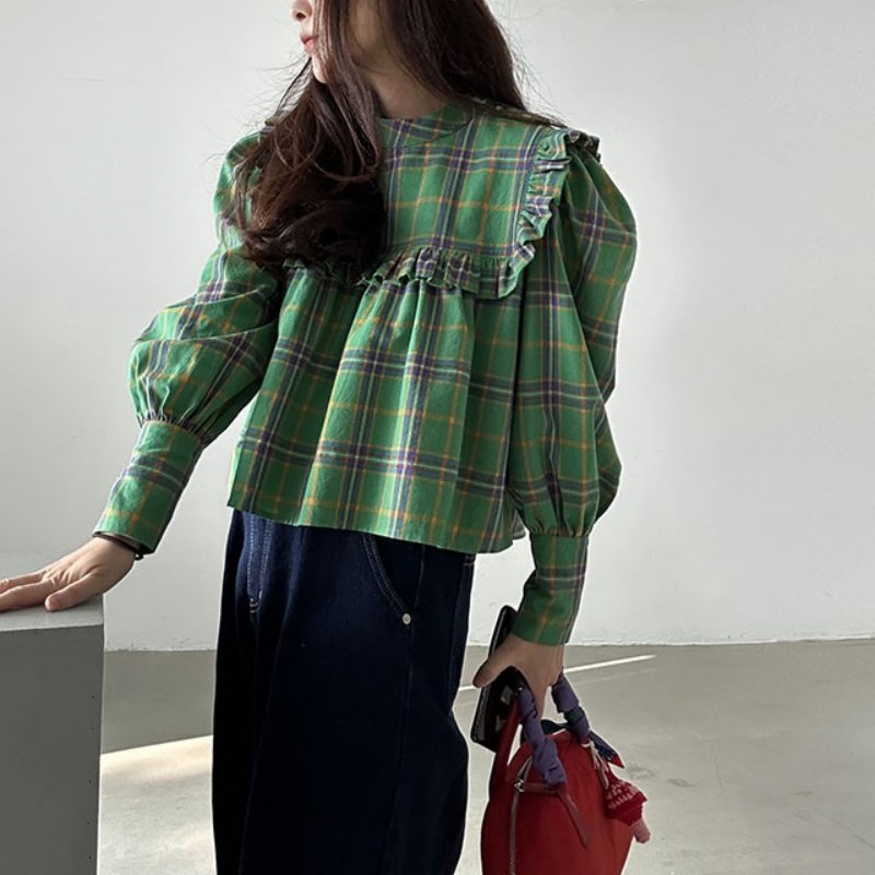 韩国chic复古气质荷叶边设计格纹休闲宽松长袖娃娃衫衬衫上衣