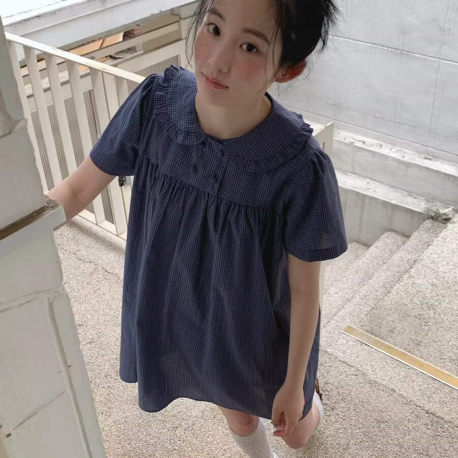韩系鬼马少女复古格子双排扣荷叶花边娃娃领减龄短袖连衣裙