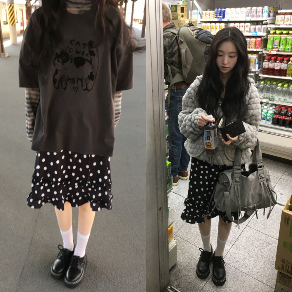 韩国 甜美少女 日系圆点木耳荷叶边后腰松紧系带半身裙