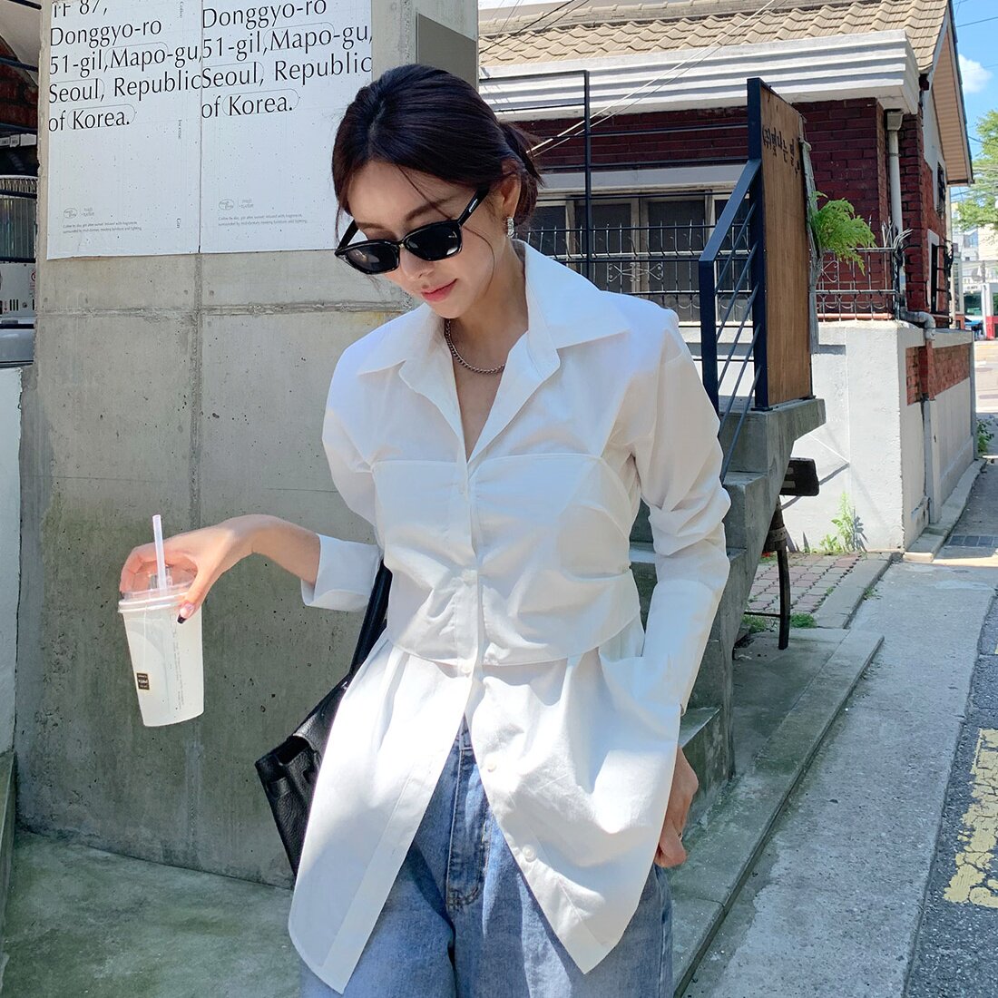 韩国chic小众设计感裹胸假两件背后蝴蝶结绑带休闲衬衫上衣