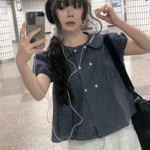 复古日系格子娃娃领双排扣泡泡袖衬衫+小个子木耳边蛋糕半身裙