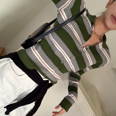 韩国东大门清新减龄条纹撞色翻领针织开衫春季新款复古女