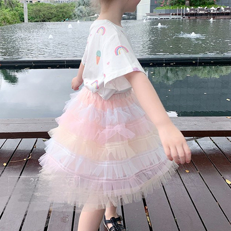 儿童彩虹多层蛋糕裙2022春夏新品女宝宝粉色甜美半身裙网纱公主裙