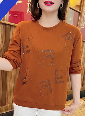 春秋新款妈妈装圆领印花打底衫大码长袖卫衣女洋气宽松t恤女上衣