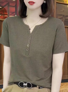 夏季新款妈妈短袖t恤女中年大码女装洋气V领纯色显瘦小衫气质上衣
