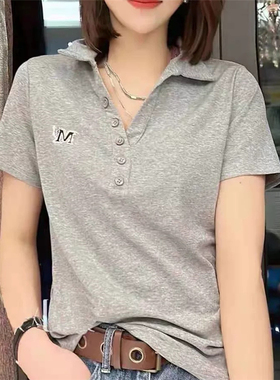夏季新款纯色Polo领短袖t恤时尚减龄气质妈妈装宽松遮肉百搭上衣