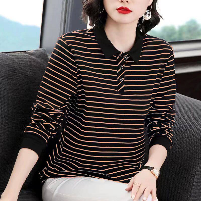 条纹t恤女士秋季长袖中年妈妈减龄新款大码宽松洋气打底小衫上衣