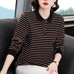 条纹t恤女士秋季长袖中年妈妈减龄新款大码宽松洋气打底小衫上衣