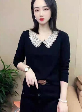 新款秋季时尚气质蕾丝花边领长袖t恤女修身显瘦洋气百搭打底上衣