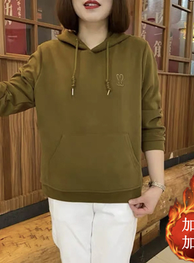 时尚洋气纯色连帽卫衣中老年妈妈装加绒加厚大码宽松春秋冬上衣女