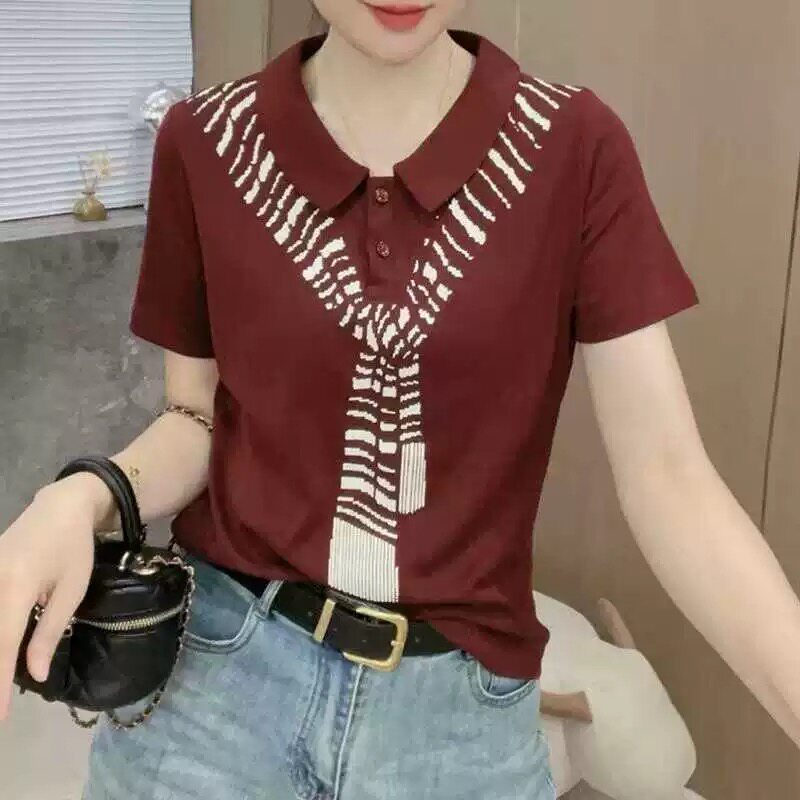 洋气polo领短袖t恤女夏季新款时尚围巾印花气质百搭显瘦翻领上衣