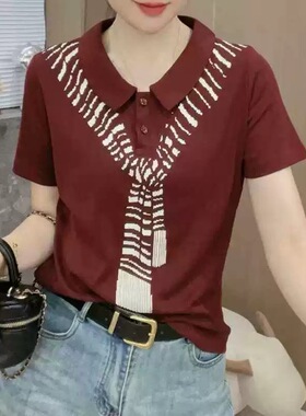 洋气polo领短袖t恤女夏季新款时尚围巾印花气质百搭显瘦翻领上衣