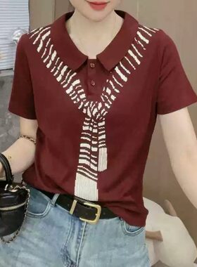 洋气polo领短袖t恤女夏季新款时尚围巾印花气质百搭显瘦翻领上衣