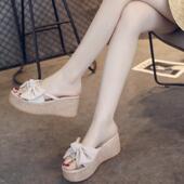 时尚 凉拖女2022夏新款 坡跟厚底防滑外出蝴蝶结网红拖鞋 百搭一字拖