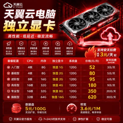 天翼云电脑政企版带显卡云电脑GPU云电脑游戏云电脑渲染按天退款