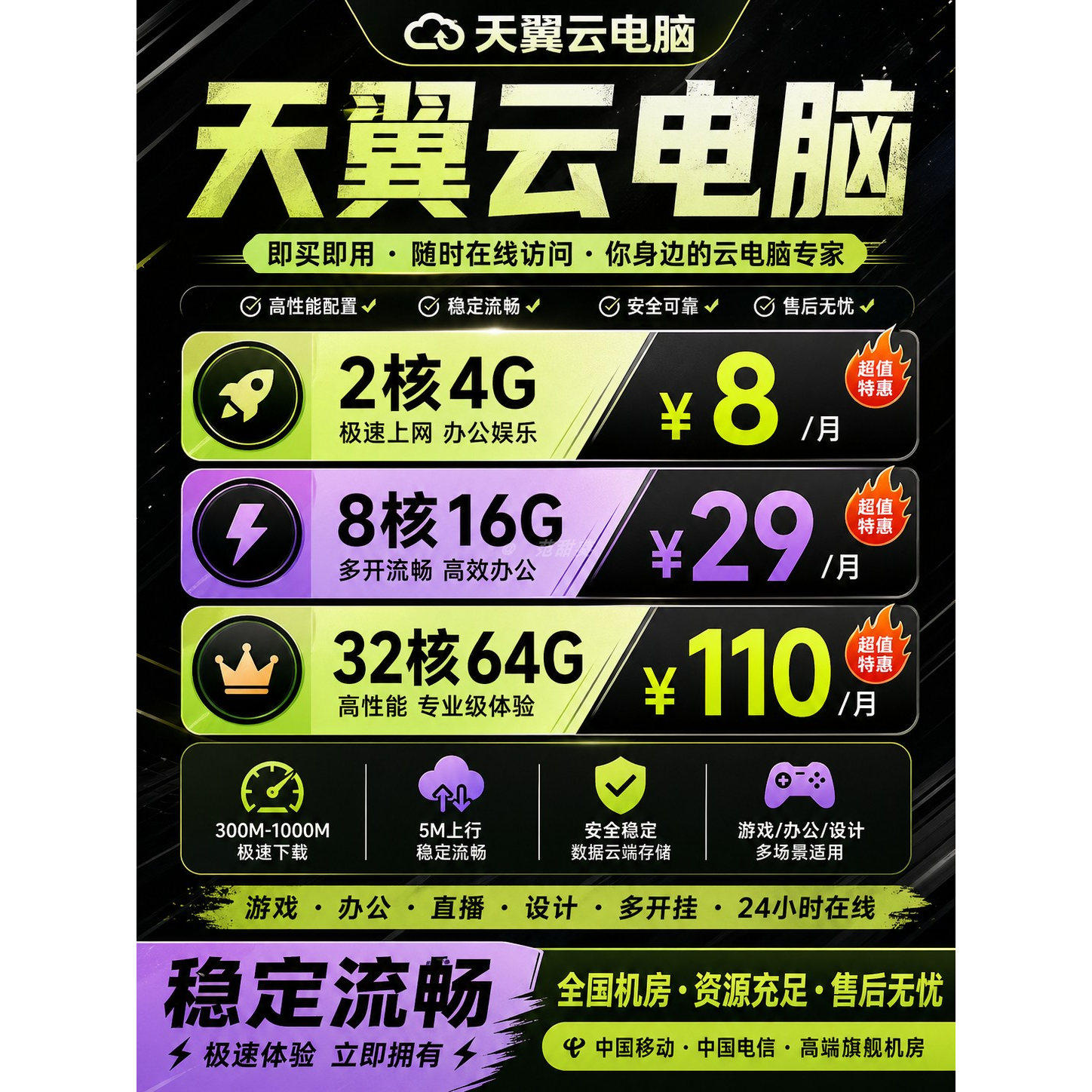 天翼云电脑游戏云电脑电商直播挂云主机店铺远程办公云服务器租赁