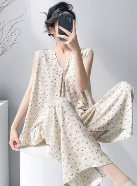 夏天带胸垫无袖背心棉绸睡衣女士夏季2026新款绵绸年轻人造棉套装