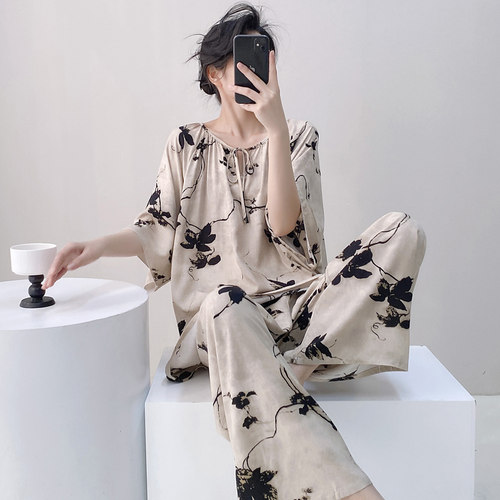 大码棉绸睡衣女士夏季短袖长裤