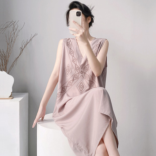 无袖背心带胸垫棉绸睡裙女款夏季绵绸人造棉连衣裙睡衣2026新款