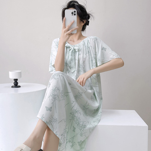 胖mm妈妈绵绸人造棉连衣裙睡衣2025新款 大码 夏季 孕妇棉绸睡裙女款