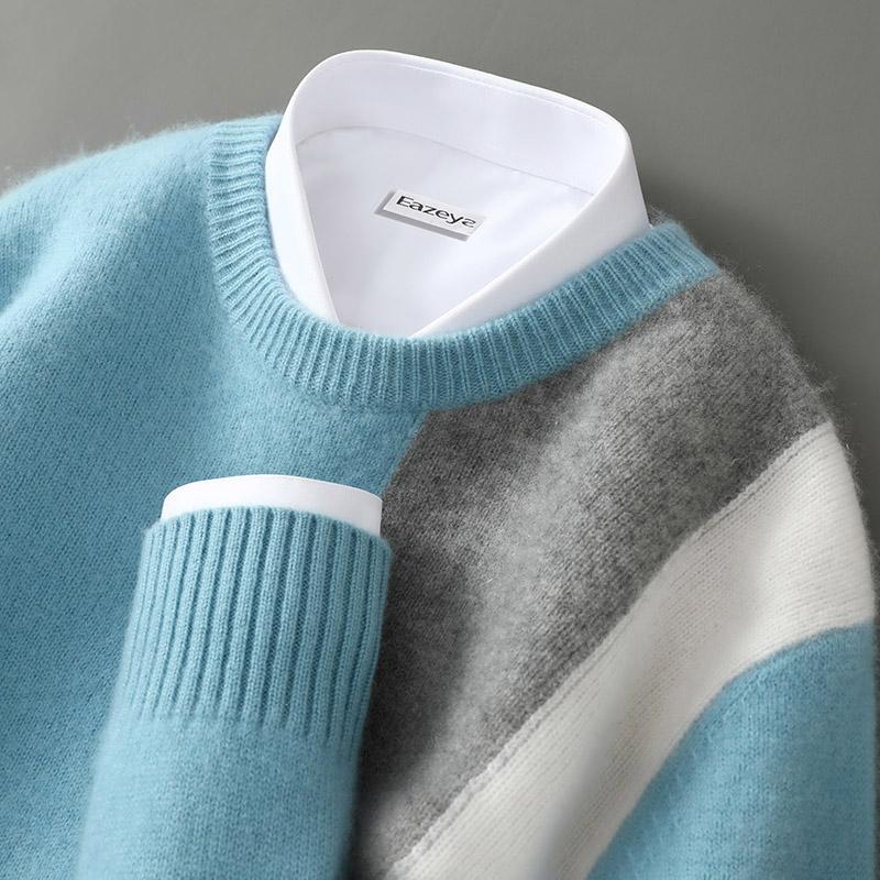 100%澳洲纯羊毛衫男圆领加厚拼色套头毛衣宽松商务针织羊绒打底衫