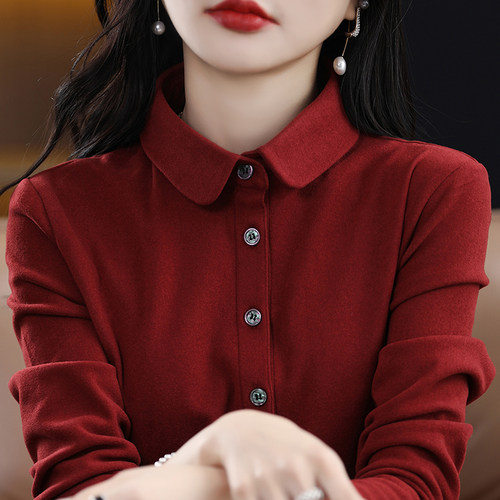 双面德绒衬衣女宽松纯色POLO领衬衫保暖加厚打底衫长袖翻领上衣女
