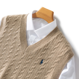 100%澳洲纯羊毛背心秋冬男百搭宽松休闲毛衣战马刺绣麻花针织马甲