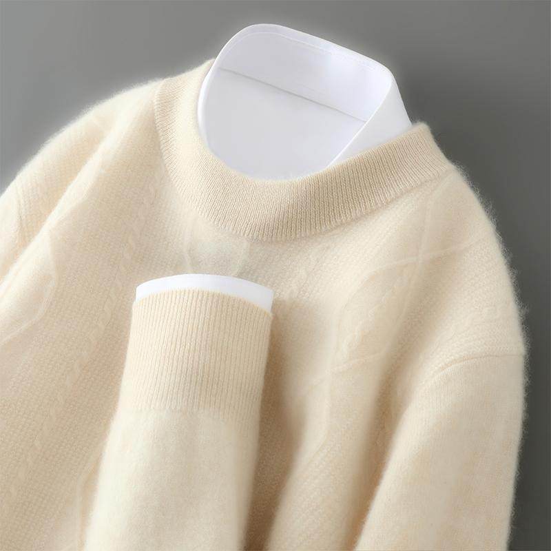 100%纯羊绒衫男士宽松大码圆领毛衣拼色加厚针织休闲商务打底上衣